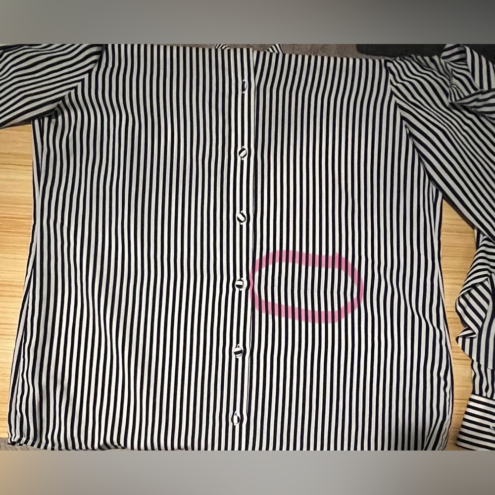 Banana Republic Dillon Black Blouse White Vertical Stripe Button Down Ruffle Top - Picture 13 of 13